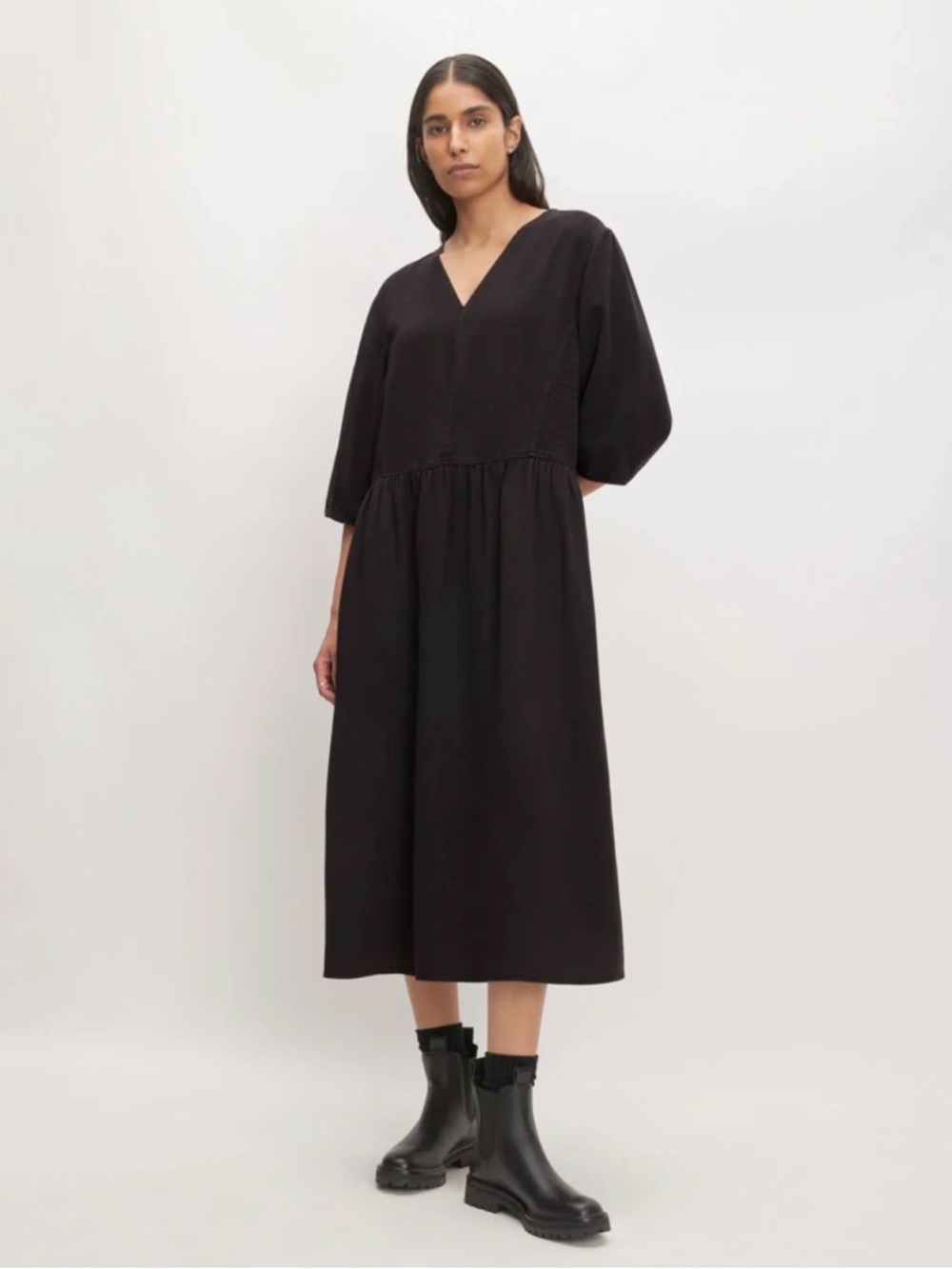 Everlane 100% Tencel Puff Sleeve Midi Dress Oversized XXS Soft Weighty Fabric